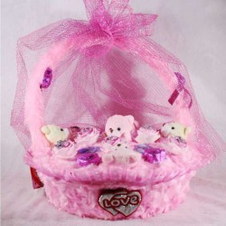Special Valentines Pink Basket Bouquet of Teddies and Chocolates